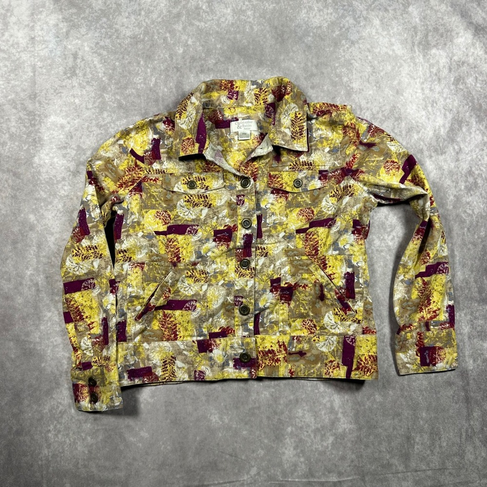 Christopher & Banks Petite M Jacket Yellow Purple Abstract Leaf Print Button Up